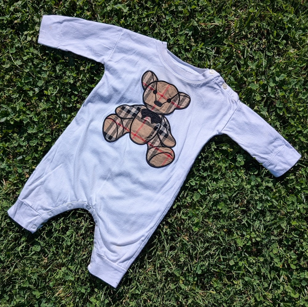Burberry White Baby Romper with Vintage Check Teddy Patch